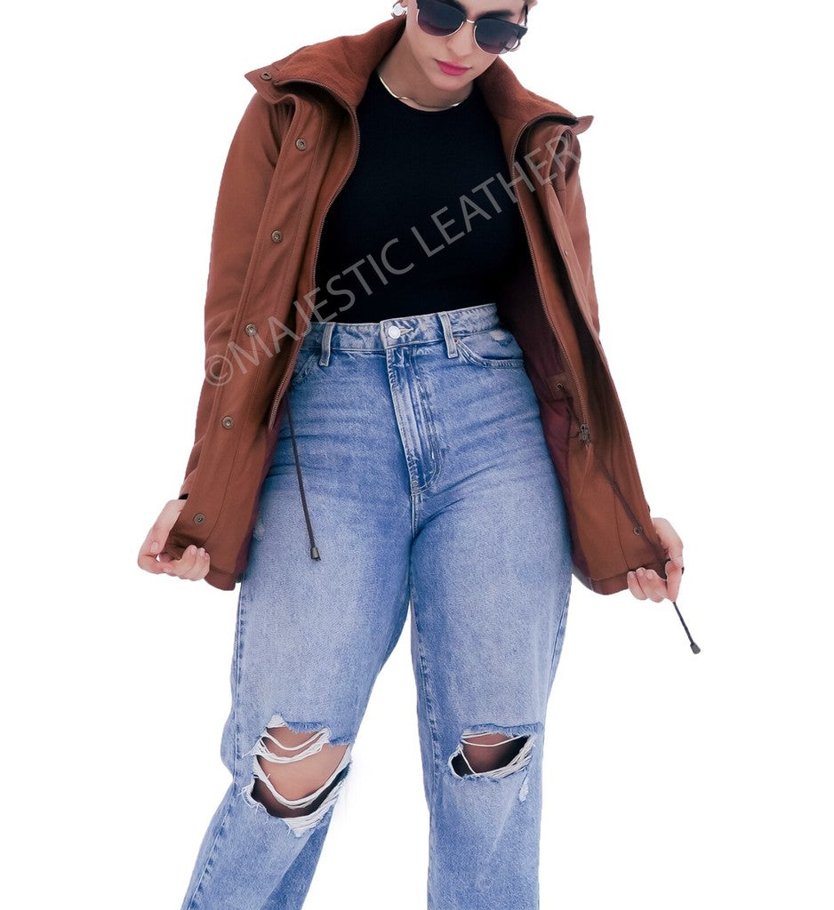 Majestic Leather - Women Real Lambskin Camel Brown THREE-QUARTER Biker Leather Coat