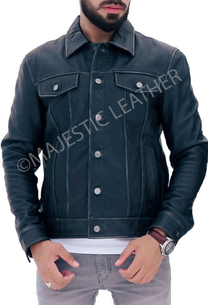 Majestic Leather - New Men's Trucker Black Vintage Biker Leather Jacket