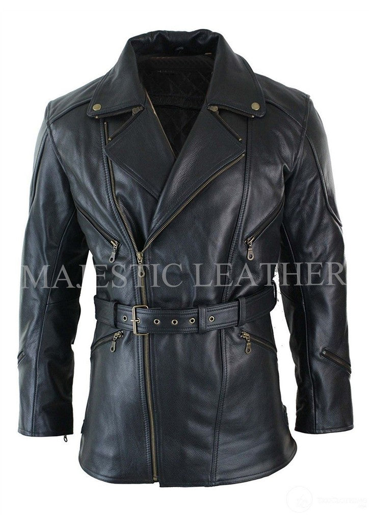 Majestic Leather - Men's Brown 3/4 Motorcycle Biker Long Cow Hide Leather Jacket