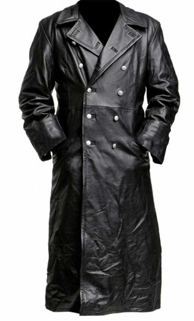 Majestic Leather - MENS GERMAN CLASSIC WW2 OFFICER MILITARY UNIFORM BLACK FAUX LEATHER TRENCH COAT