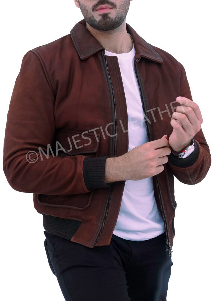 Majestic Leather - New Aviator Bomber Pilot Brown Nubuck Leather Jacket