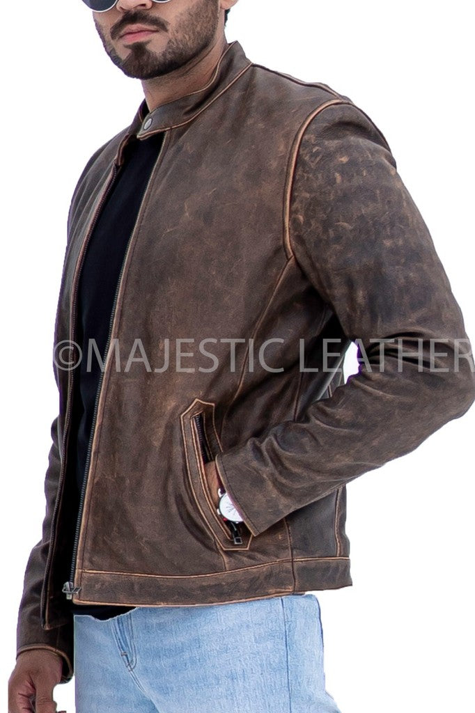 Majestic Leather - New Men's Distressed Cafe Racer Brown Leather Jacket