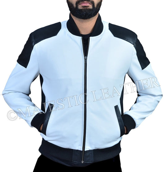 Majestic Leather - Mens Leather Bomber Slim Fit White and Black Real Soft Perforated Leather Jacket