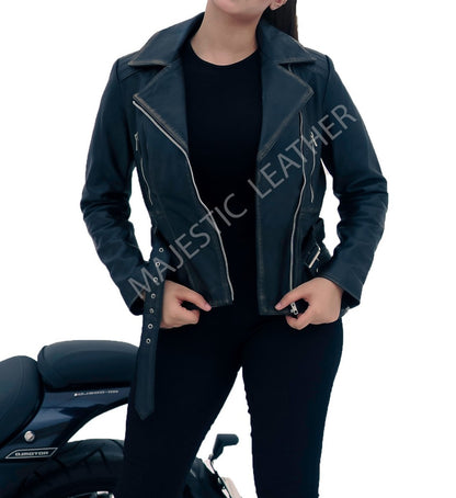 Majestic Leather - WOMEN REAL LEATHER BIKER DISTRESS VINTAGE JACKET SOFT LAMBSKIN