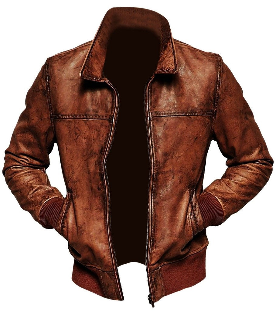 Majestic Leather - Mens Biker Motorcycle Vintage Distressed Brown Bomber Winter Leather Jacket