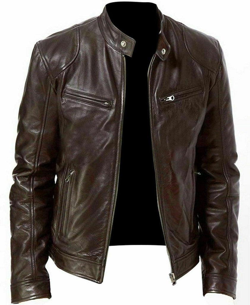 Majestic Leather - Herren Vintage Cafe Racer Schwarz Braun Echtleder Slim Fit Echt Bikerjacke