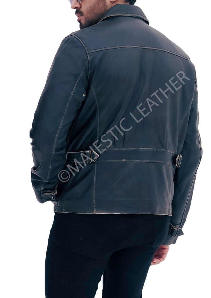 Majestic Leather - Aviator Distress Black Grey Real Leather Jacket