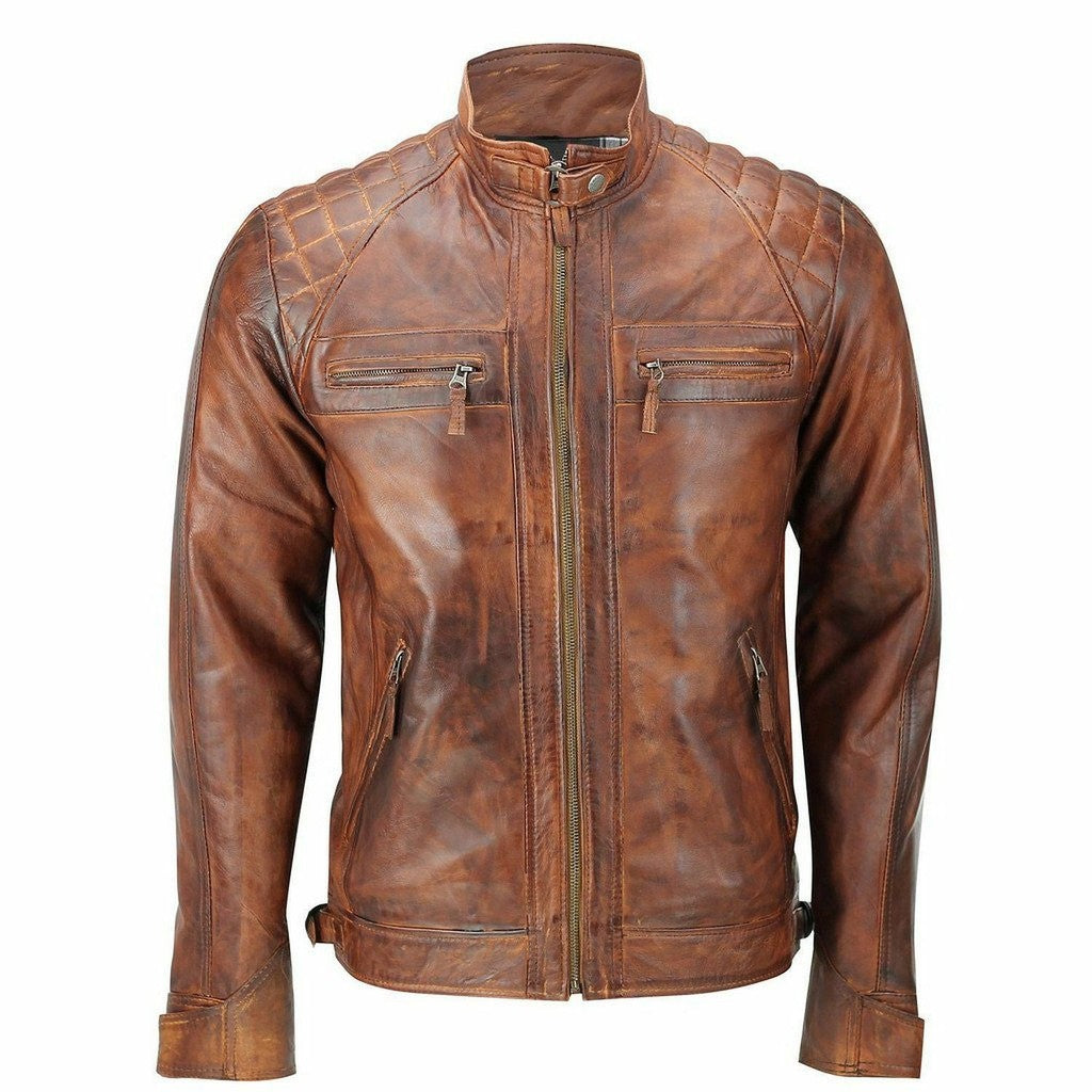 Majestic Leather - Men's Biker Quilted Vintage Distressed Motorcycle Cafe Racer Leather Jacket