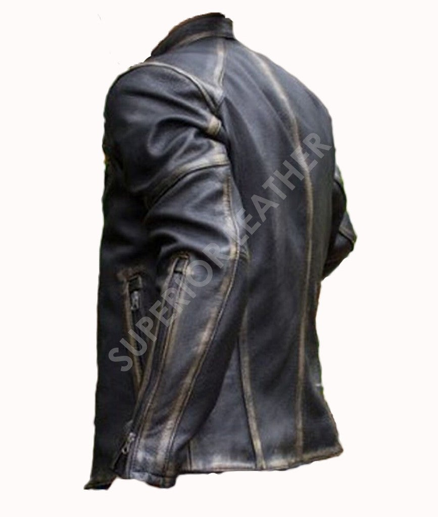 Majestic Leather - Men’s Motorcycle Biker Vintage Cafe Racer Distressed Black Real Leather Jacket