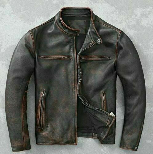 Majestic Leather - Men's Vintage Biker Black Motorcycle Distressed Cafe Racer Leather Jacket