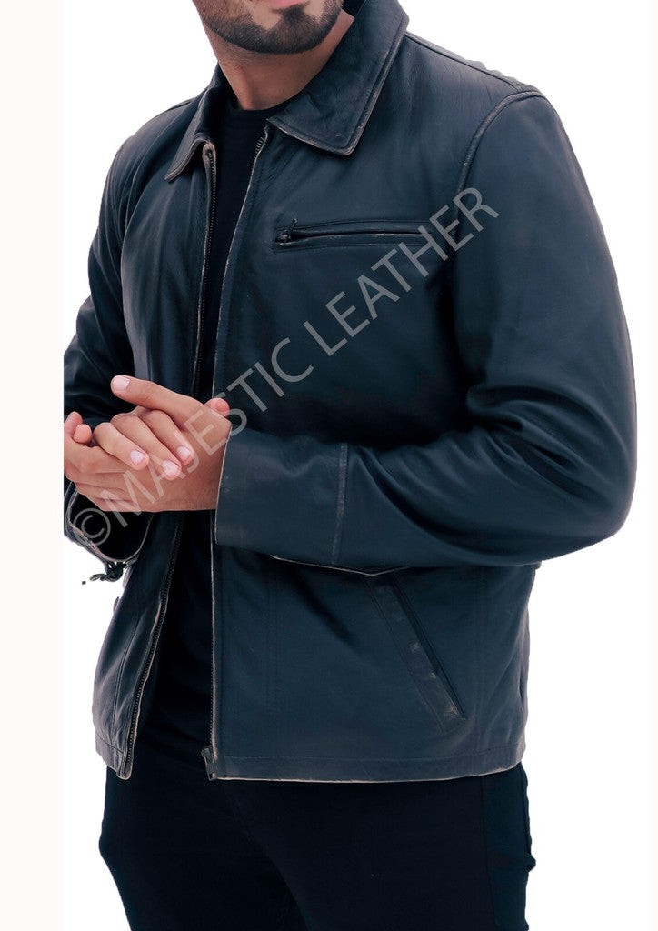 Majestic Leather - Aviator Distress Black Grey Real Leather Jacket