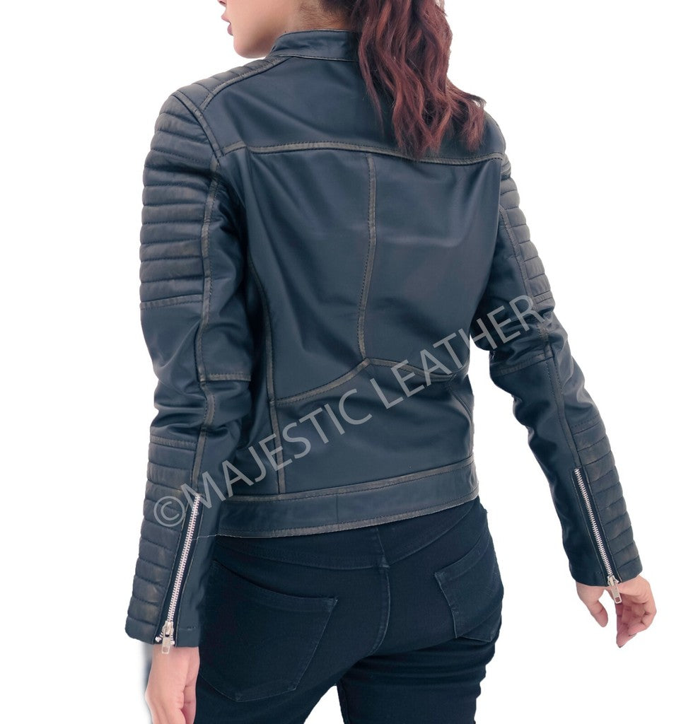 Majestic Leather - New Womens Black Rub Off Biker Style Real Lambskin Leather Jacket