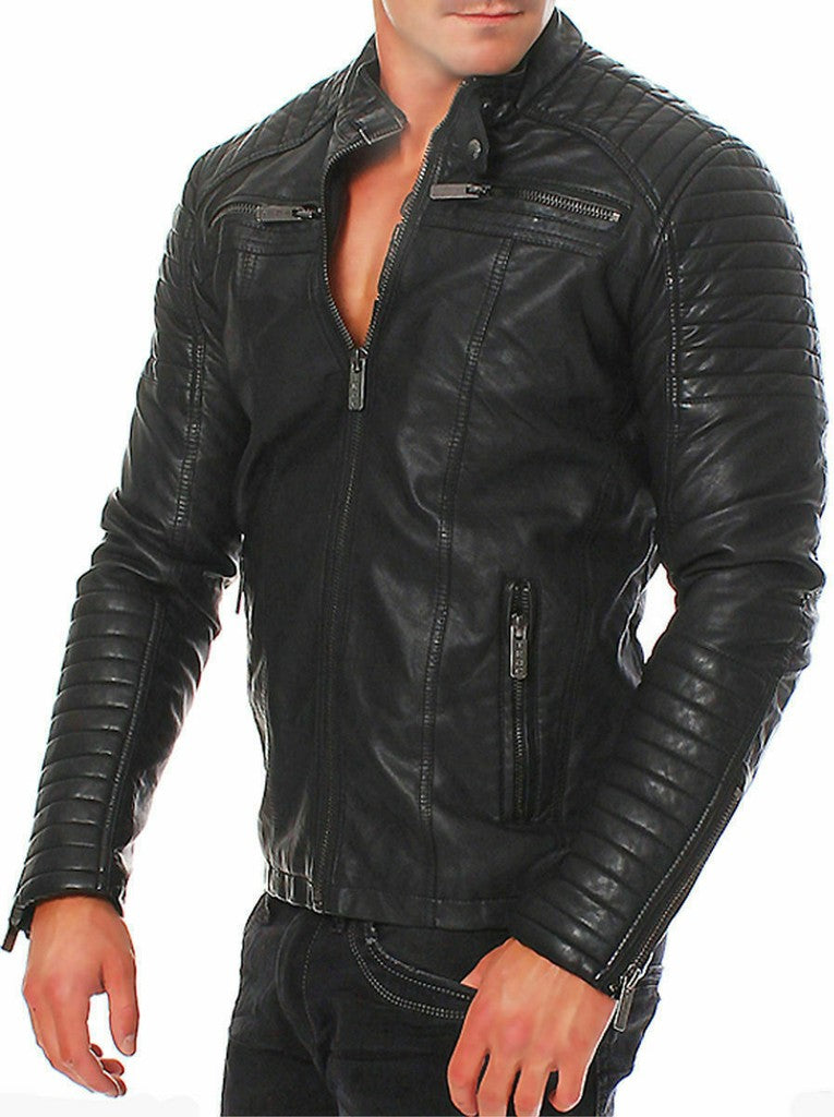 Majestic Leather - MENS VINTAGE CAFE RACER BLACK GENUINE LEATHER SLIM FIT REAL BIKER JACKET