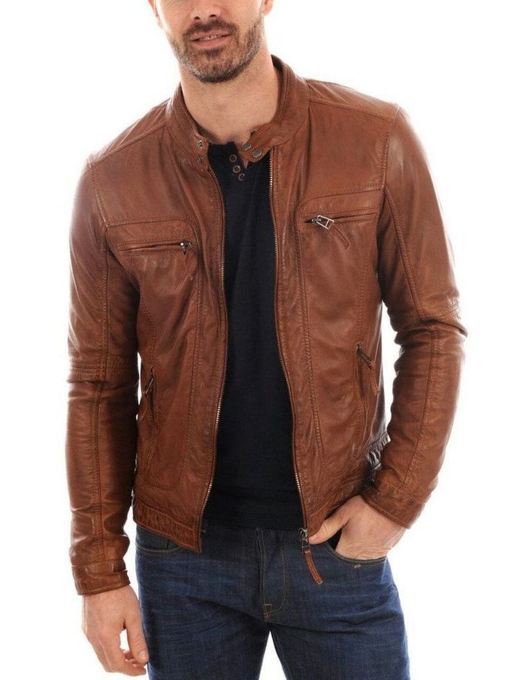 Majestic Leather - New Men's Genuine Lambskin Leather Jacket TAN Slim Fit Biker Motorcycle Jacket