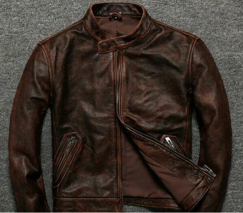 Majestic Leather - Men's Biker Cafe Racer Vintage Motorcycle Distress Brown Leather Jacket