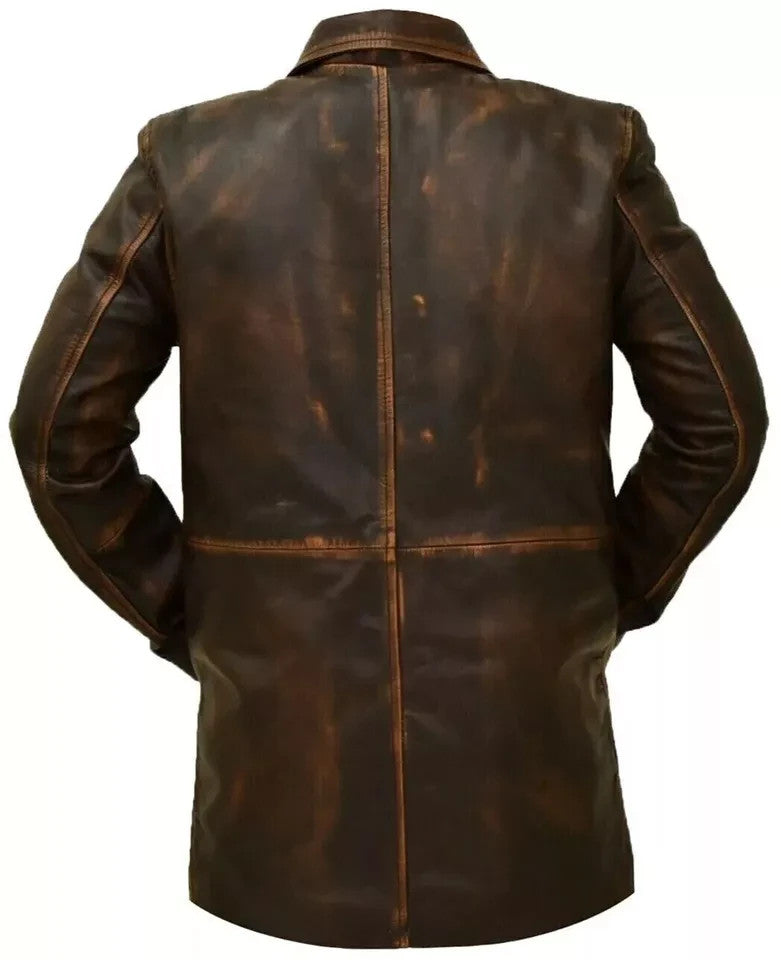 Majestic Leather - New Men's Western Distressed Sheepskin Sheriff Long Real Leather Jacket Coat