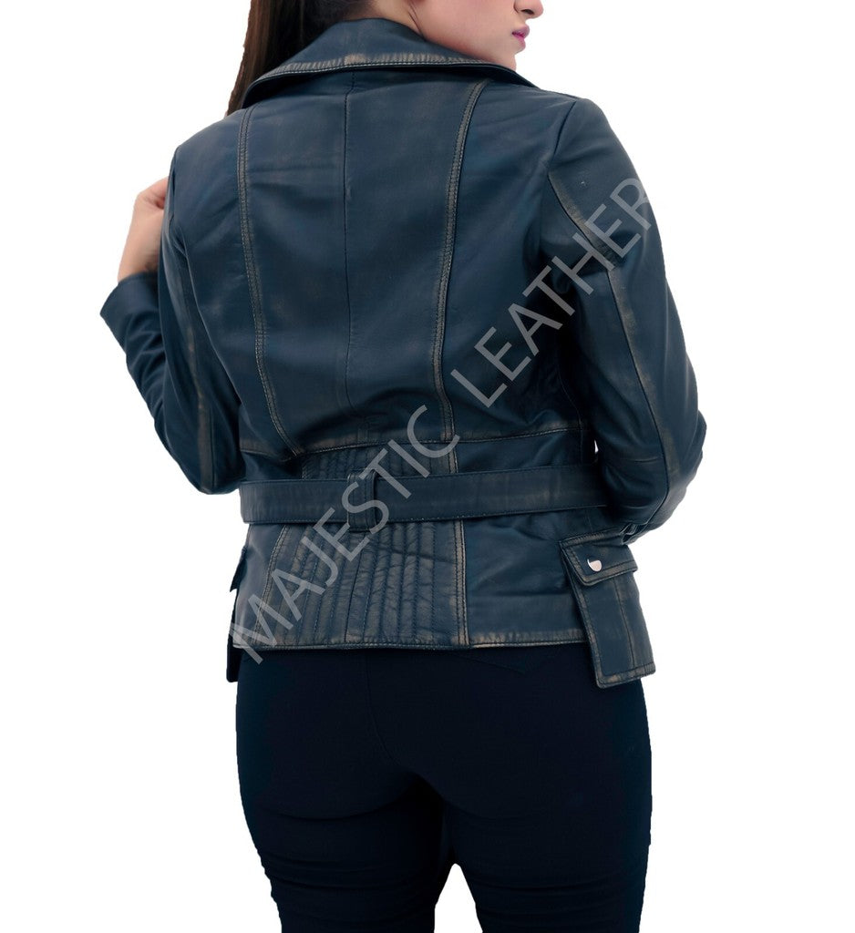 Majestic Leather - WOMEN REAL LEATHER BIKER DISTRESS VINTAGE JACKET SOFT LAMBSKIN