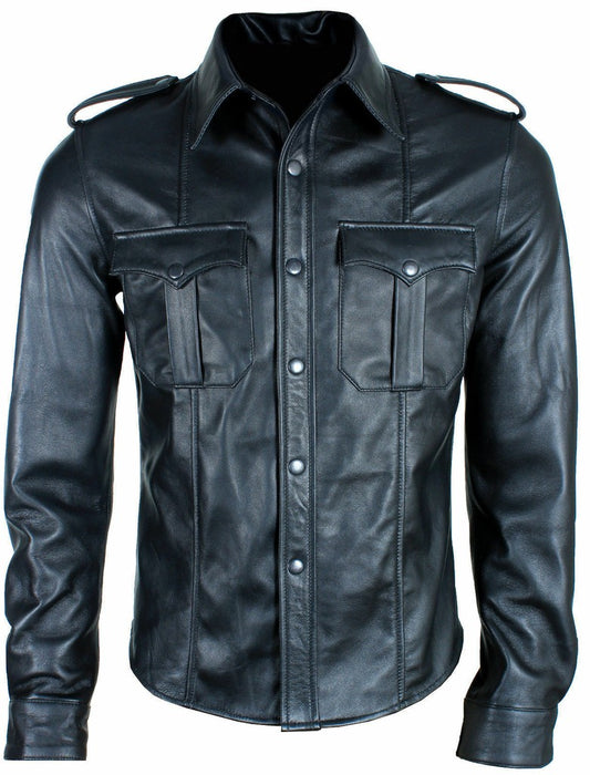 Majestic Leather - MENS HOT REAL SHEEP LEATHER POLICE UNIFORM BLUFF GAY SHIRT FULL SLEEVES