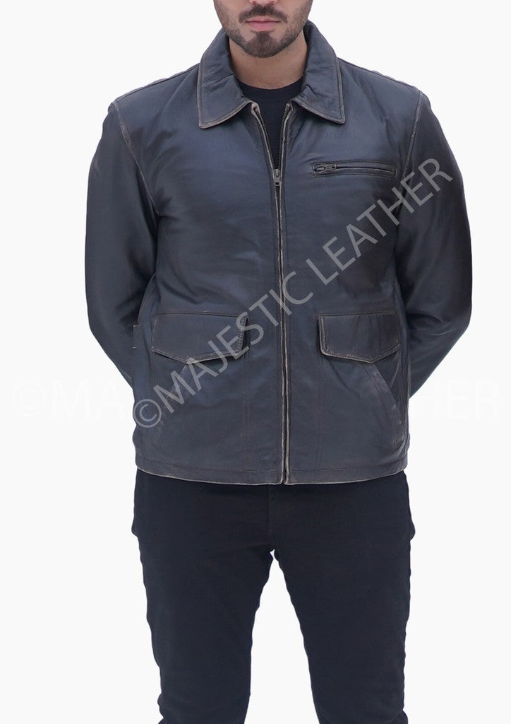 Majestic Leather - Aviator Distress Black Grey Real Leather Jacket
