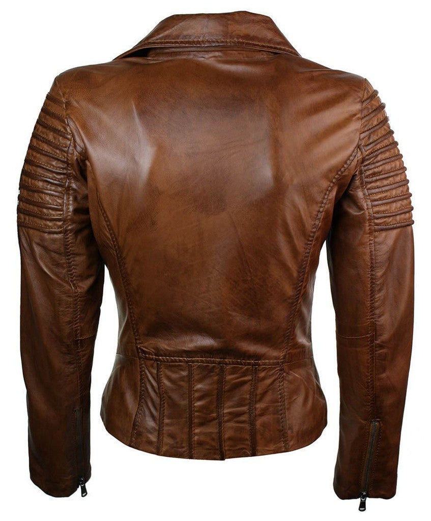 Majestic Leather - Woman Slim Fit Brown Genuine Real Leather Biker Jacket