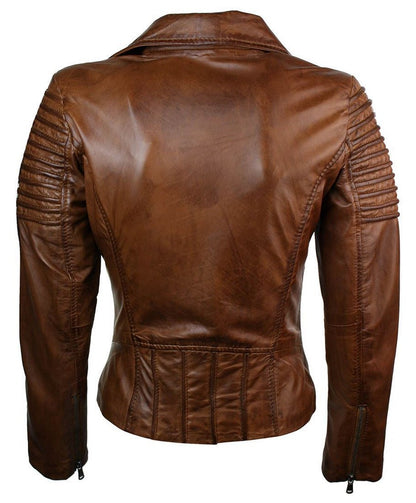 Majestic Leather - Woman Slim Fit Brown Genuine Real Leather Biker Jacket