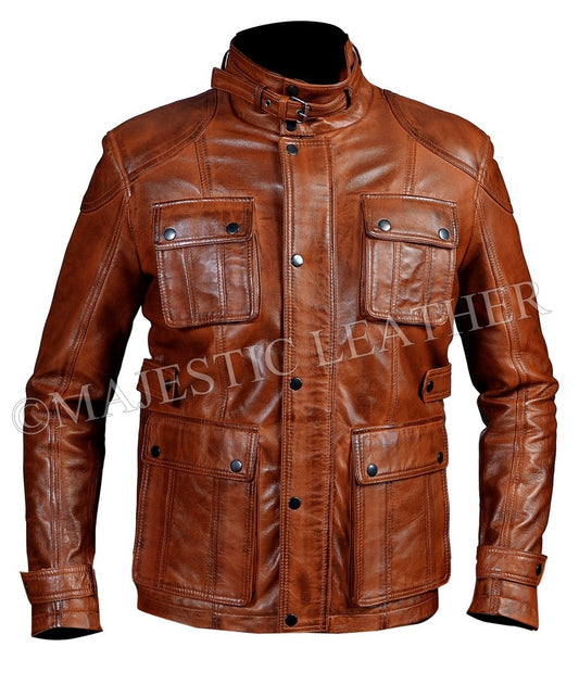 Majestic Leather - Men's Biker Vintage Antique Brown Studded Hunter Pocket Real Leather Jacket