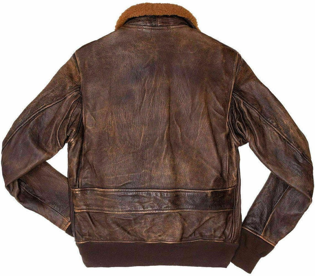 Majestic Leather - Mens Aviator Navy G-1 Flight Jacket Real Brown Distressed Leather Bomber Jacket