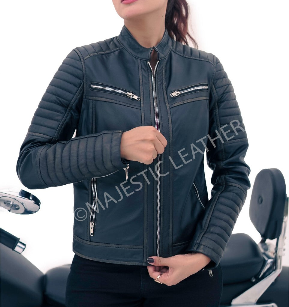 Majestic Leather - New Womens Black Rub Off Biker Style Real Lambskin Leather Jacket