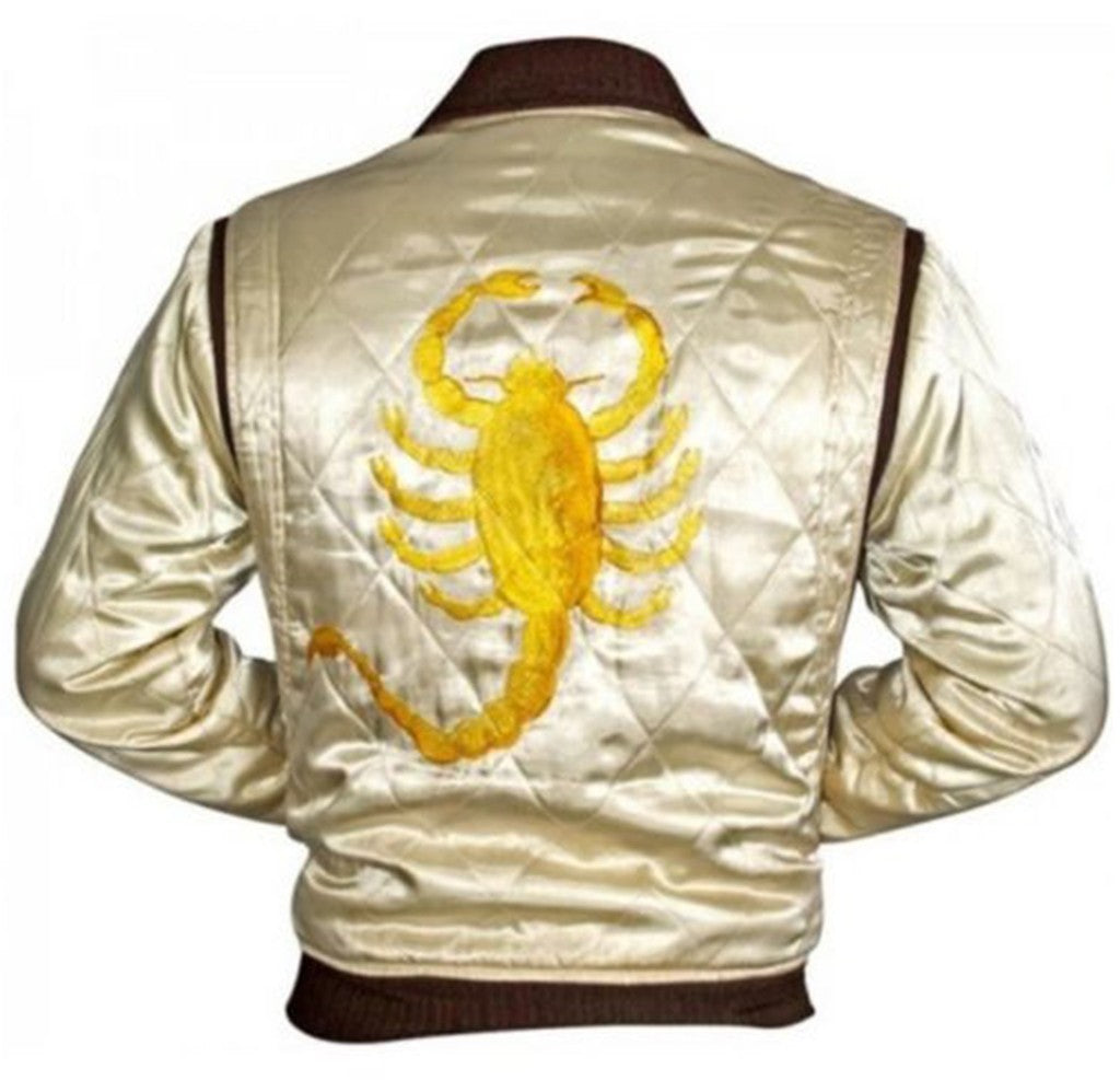 Majestic Leather - Drive Scorpion Ivory Satin Slim Fit Ryan Gosling Movie Bomber Quilted Jacket