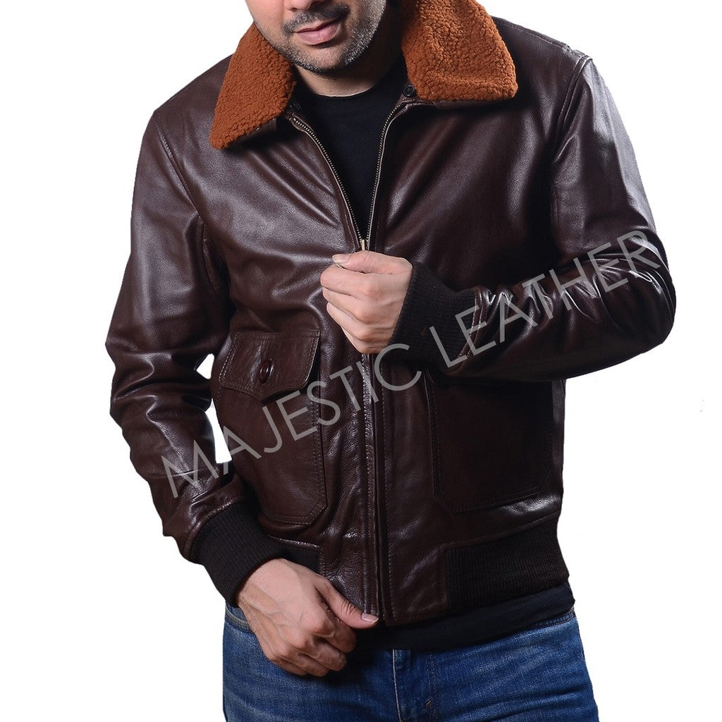 Majestic Leather - Mens Aviator Navy G-1 Flight Jacket Real Brown Leather Bomber Jacket