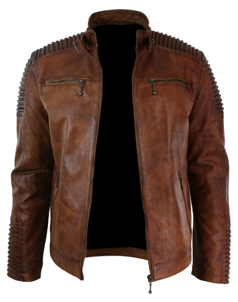 Majestic Leather - Mens Brown Vintage Antique Cafe Racer MC motorbike Leather jacket
