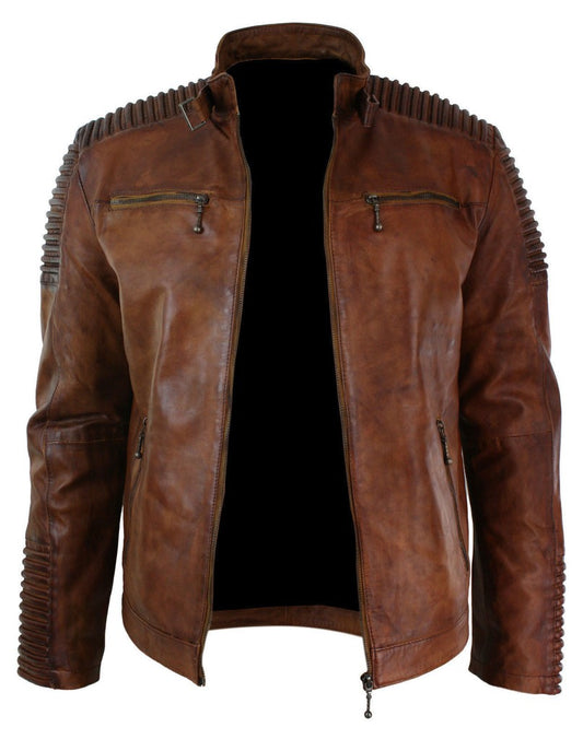 Majestic Leather - Mens Brown Vintage Antique Cafe Racer MC motorbike Leather jacket