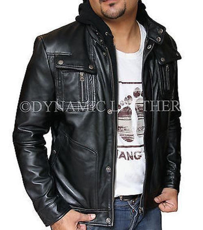 Majestic Leather - New Men's Motorcycle Brando Style Biker Real Leather Hoodie Jacket - Detach Hood
