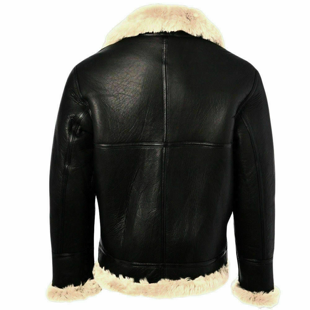 Majestic Leather - Mens Black Leather Jacket Genuine Sheepskin Aviator Fur B3 Bomber