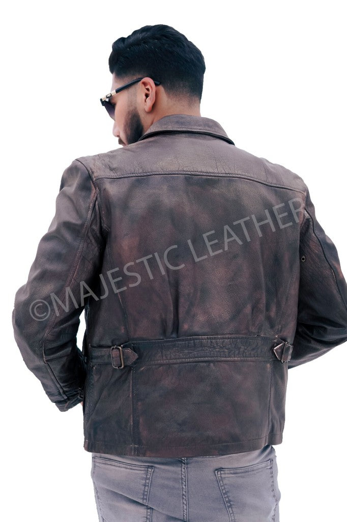 Majestic Leather - New Men's Aviator Distress Black Grey Real Leather Jacket
