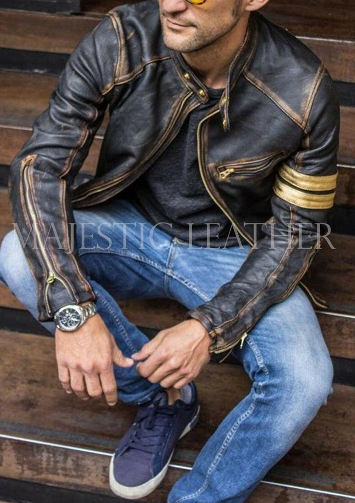 Majestic Leather - Men's Black Biker Vintage Motorcycle Distressed Cafe Racer Leather Jacket