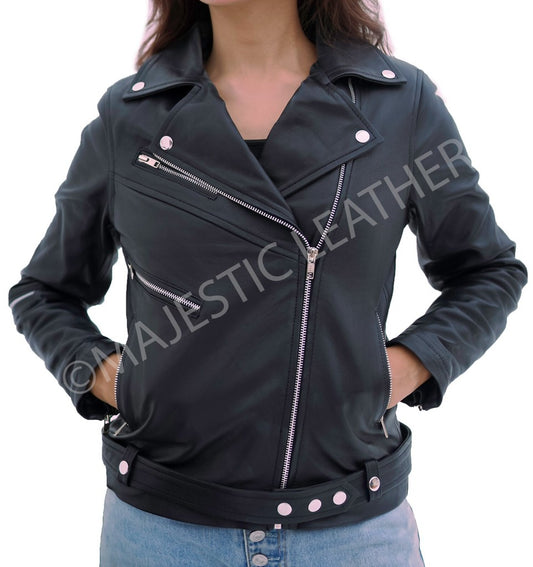 Majestic Leather - Women Real Leather Classic Biker Leather Jacket Soft Lambskin