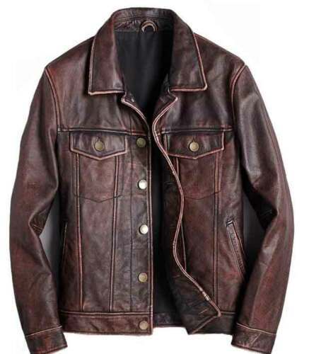 Majestic Leather - Mens Trucker Brown Real Genuine Leather Biker Cafe Racer vintage Jacket