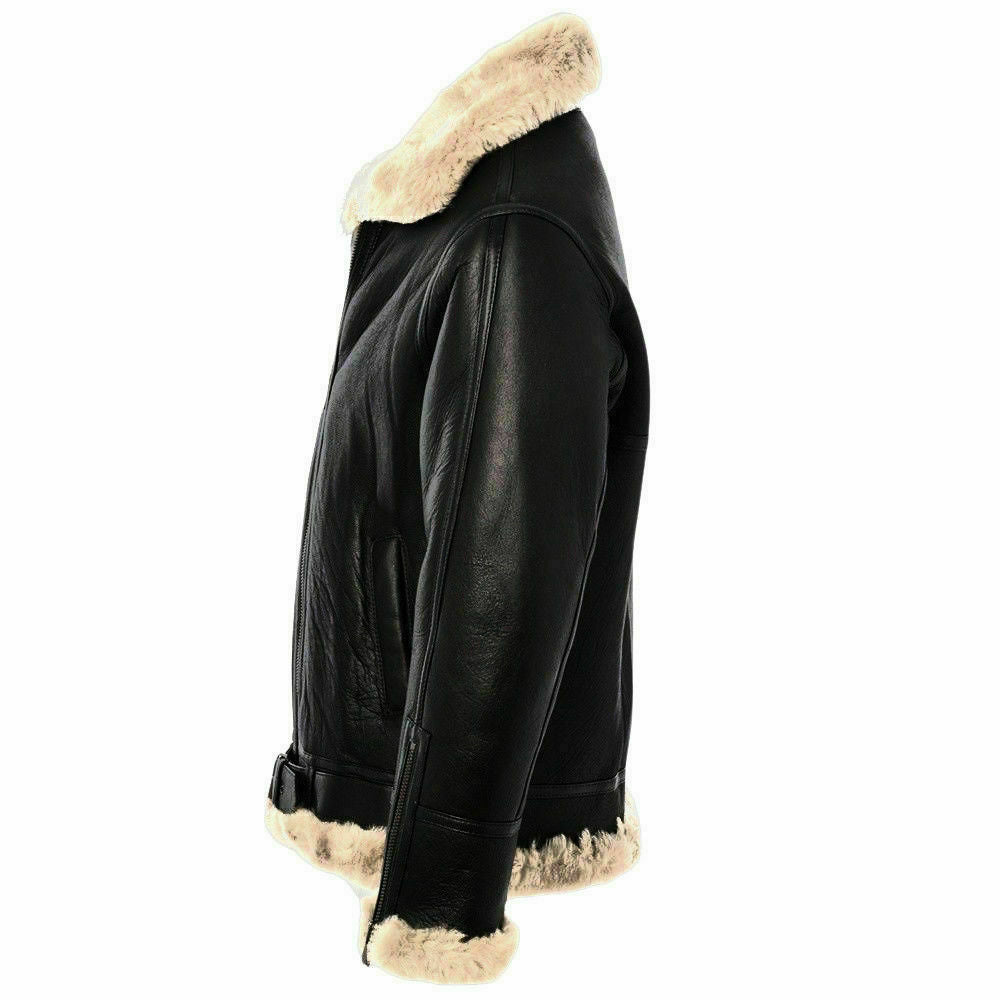 Majestic Leather - Mens Black Leather Jacket Genuine Sheepskin Aviator Fur B3 Bomber