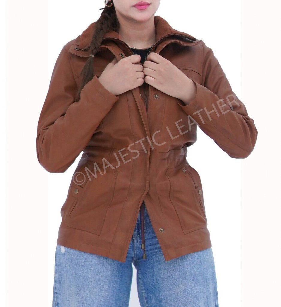 Majestic Leather - Women Real Lambskin Camel Brown THREE-QUARTER Biker Leather Coat