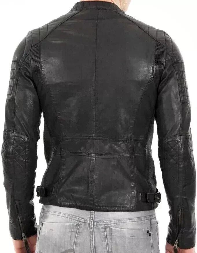 Majestic Leather - Cafe Racer Leather Jacket Soft Real Sheep Napa Leather Biker Style