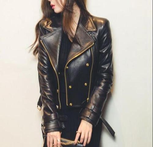 Majestic Leather - Women's Black Moto Style Genuine Leather Motorcycle Slim fit Biker Jacket