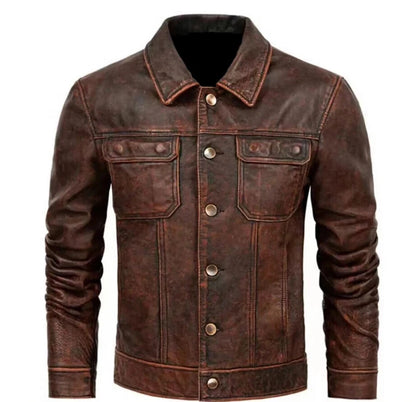 Cafe Racer Brown Trucker Genuine Leather Vintage Jacket — back view | Majestic Leather UK