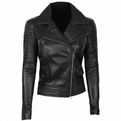 Majestic Leather - Women's Stylish Gal Gadot Black Slim Fit Biker Style Moto Real Leather Jacket