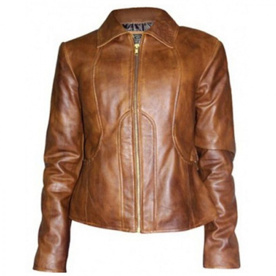 Majestic Leather - Women's Jennifer Lopez Distressed Brown Leather Motorcycle Jacket (750)