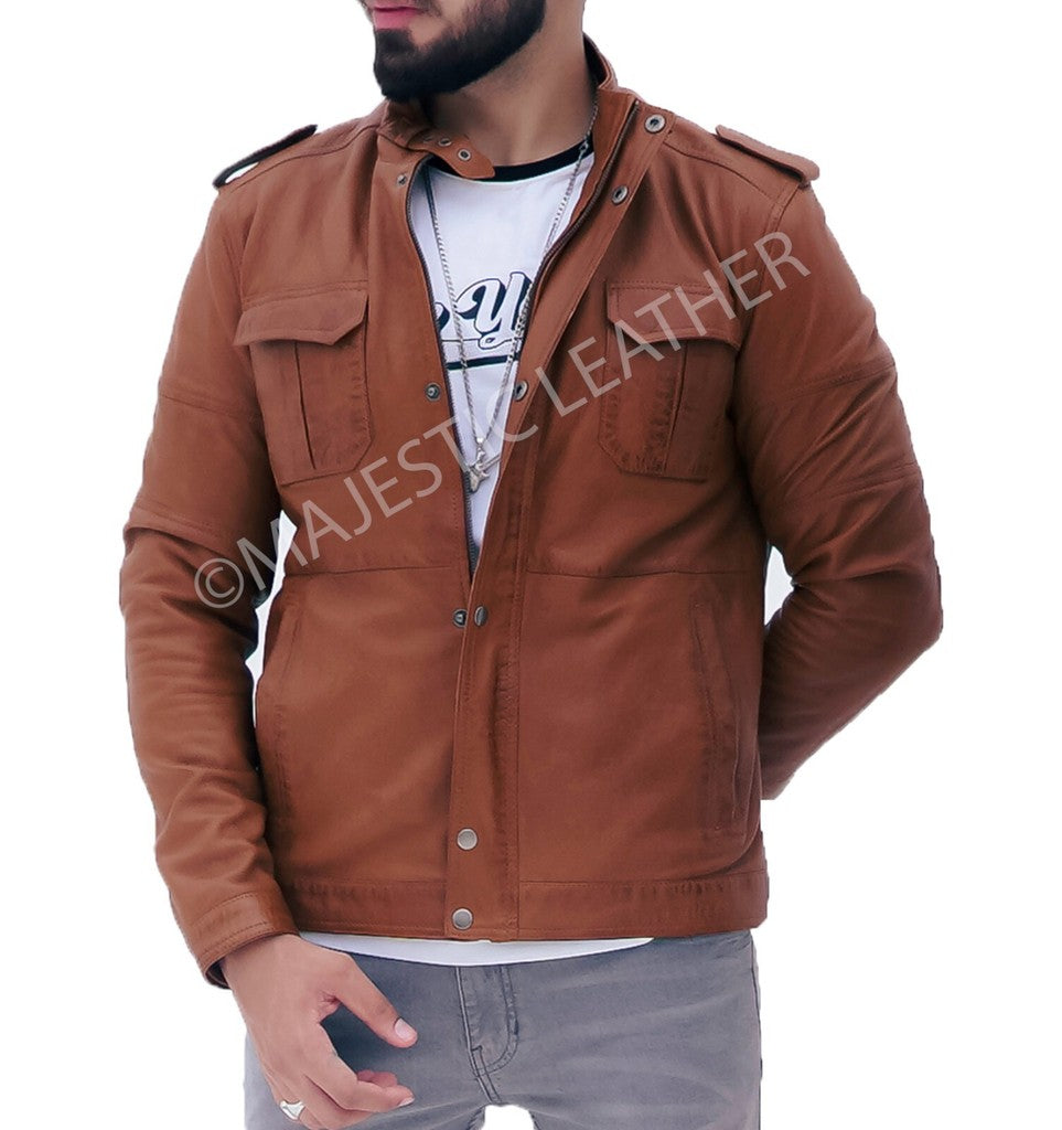 Majestic Leather - Men's Cafe Racer Camel Brown Real Leather Jacket