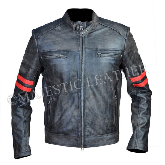 Majestic Leather - Men's Distressed Black Blooded Stripped Smart Racer Biker Leather Jacket