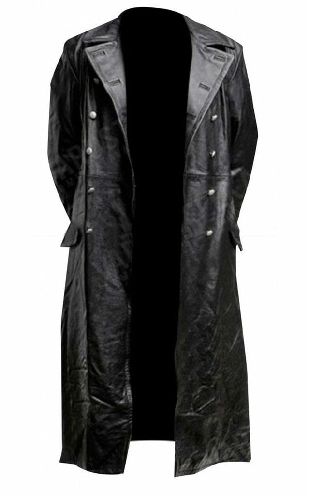 Majestic Leather - MENS GERMAN CLASSIC WW2 OFFICER MILITARY UNIFORM BLACK FAUX LEATHER TRENCH COAT