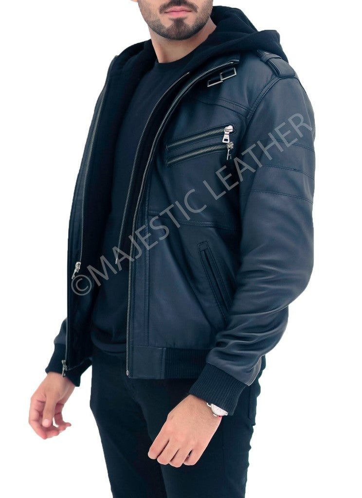 Majestic Leather - New Men's Genuine Real Leather Jacket Black Bomber Winter Hooded Jacket Coat