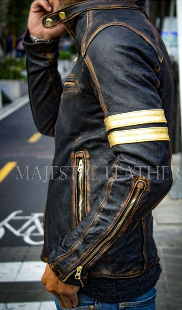 Majestic Leather - Men's Black Biker Vintage Motorcycle Distressed Cafe Racer Leather Jacket